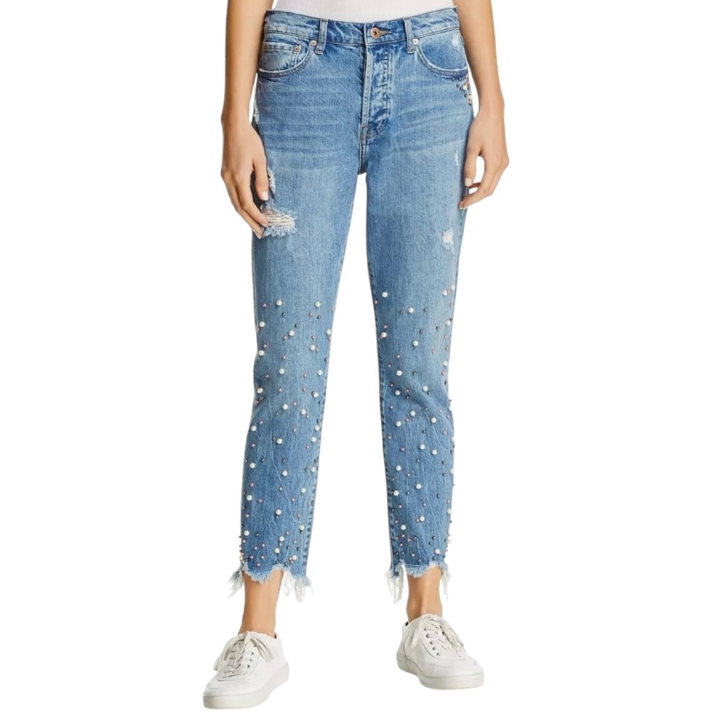 Pistola Nico Faux Pearl Embellished Distressed Skinny Raw Hem Jeans In La Lux 30